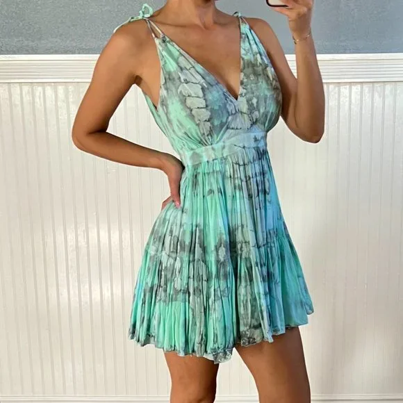 Tiare Hawaii x Revolve Geo Mini Dress Aqua & Grey Tie Dye One Size - Picture 2 of 8